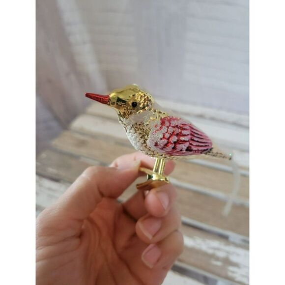 Red Gold bird clip-on glass frosted glitter Xmas tree - Picture 4 of 7